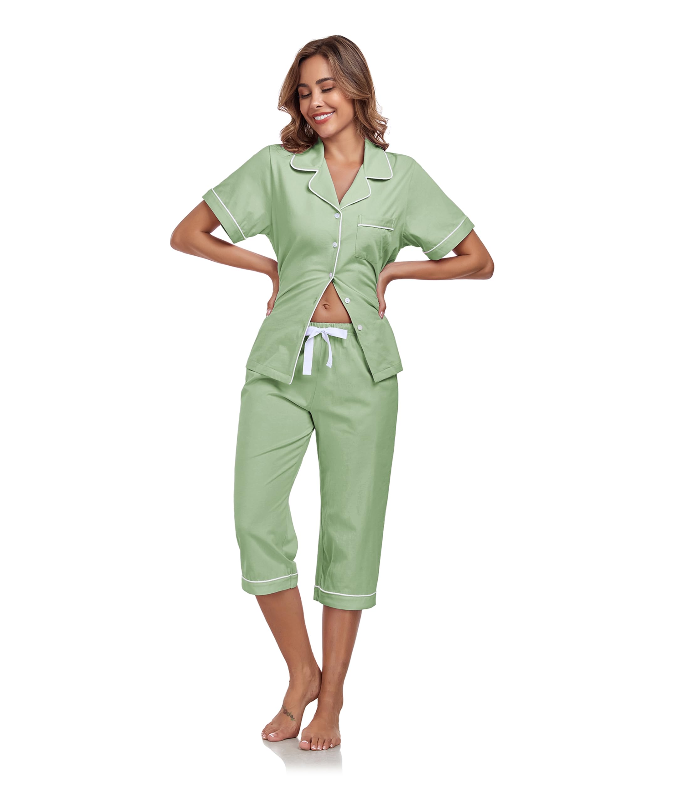 COLORFULLEAF Pyjama d'été court 100 % coton pour femme - Ensemble pyjama 2 pièces - Haut à manches courtes et pantalon long 3/4 - Vêtement de nuit