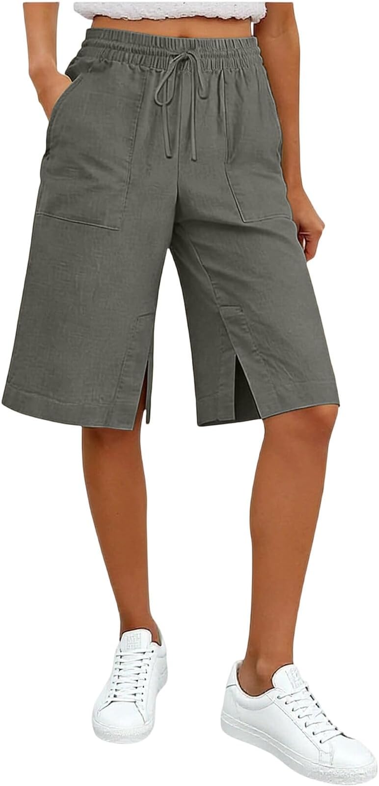 Cotton Linen Shorts for Women Summer Cropped Pant Drawstring Side Split Knee Length Bermuda Loose Cargo Capri Trousers Casual Elastic Waist Shorts Bottoms Ladies Culottes Pockets Work Travel Golf Work