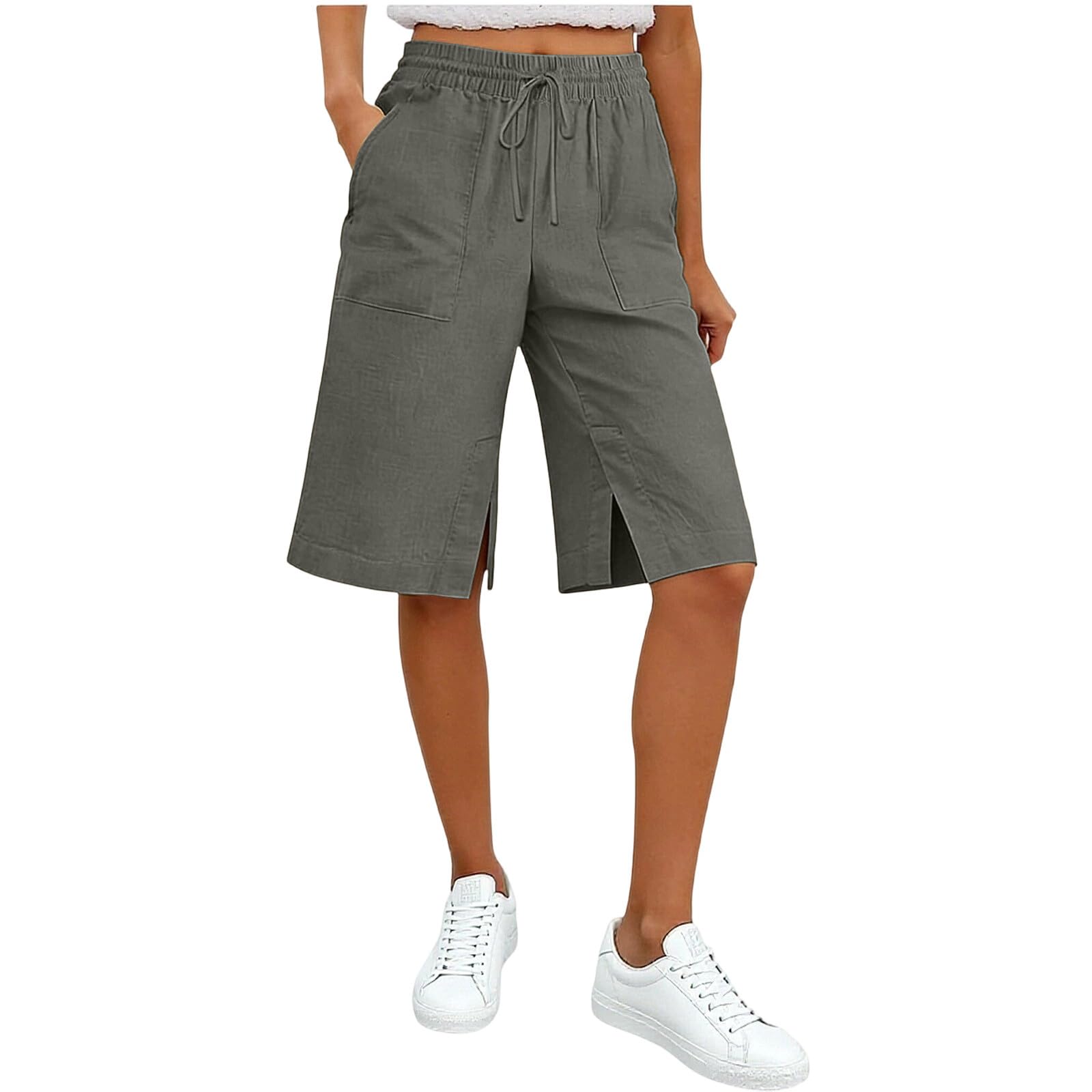 Cotton Linen Shorts for Women Summer Cropped Pant Drawstring Side Split Knee Length Bermuda Loose Cargo Capri Trousers Casual Elastic Waist Shorts Bottoms Ladies Culottes Pockets Work Travel Golf Work