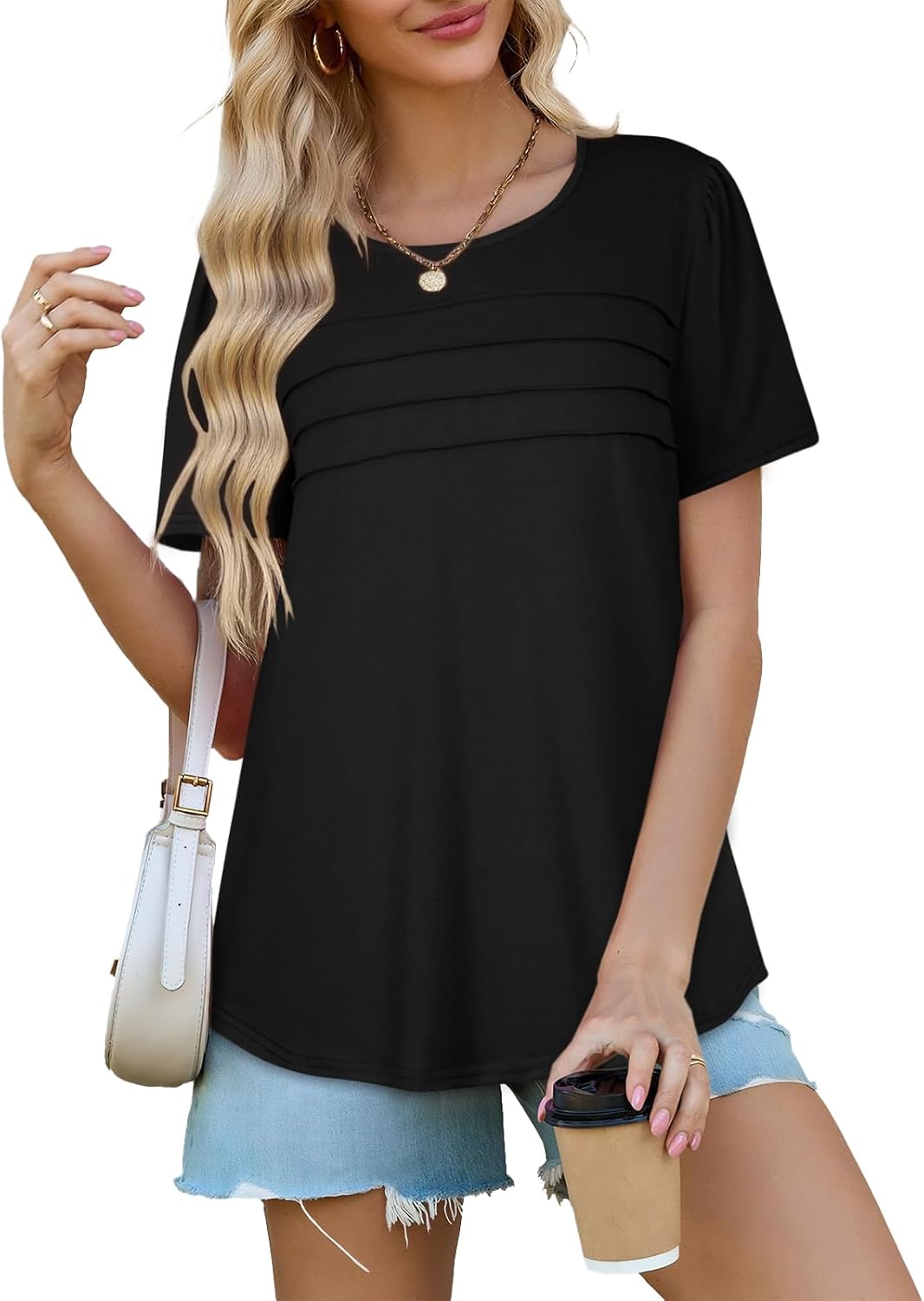 Short Sleeve Tops Womens T Shirts Blouses Dressy Casual Pleated Front Loose fit Outfits - Image 7