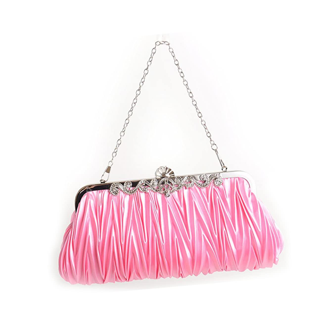 Borsa Pochette Plissettata in Raso Rosa per Cerimonia | Due Catene Rimovibili da 6 e 23 Pollici, da Pochette a Tracolla, per Matrimonio e Serate