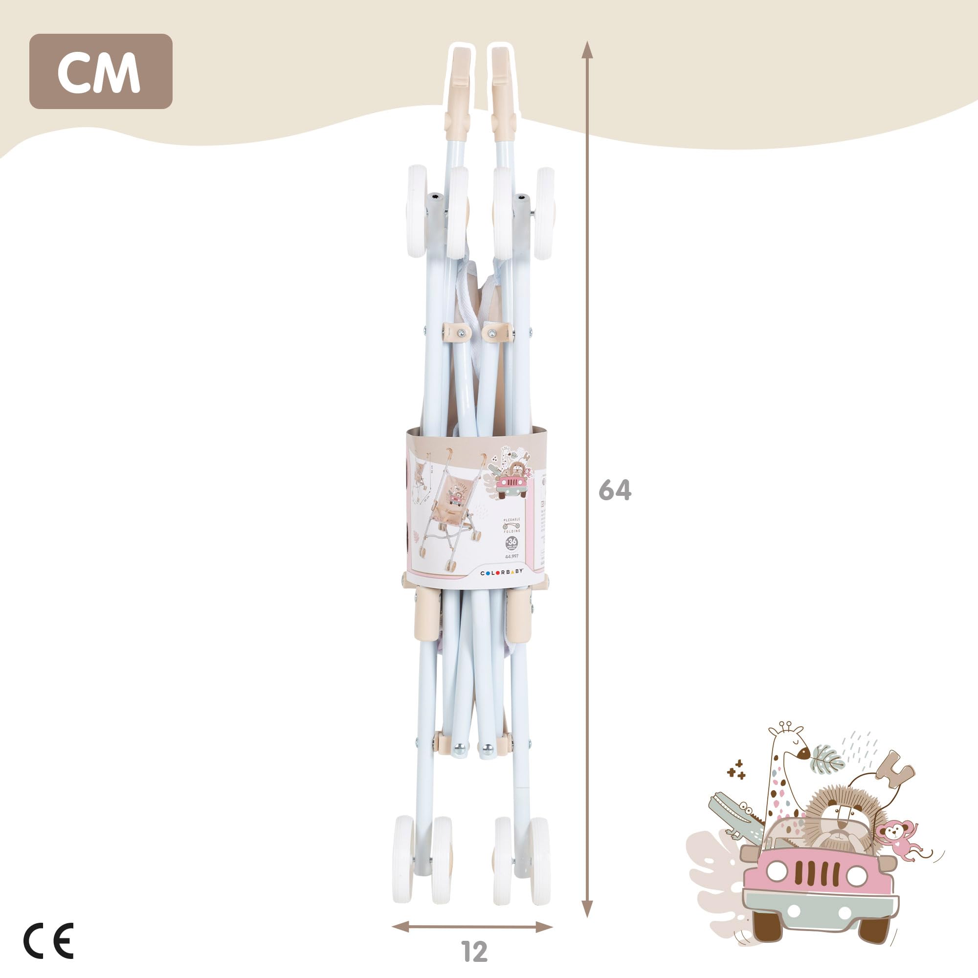 COLORBABY, 44997 - Passeggino per bambole, giocattolo per bambini, design sedia pieghevole, ombrello, 27 x 53 x 56 cm, giocattolo per ragazze, gioco e passeggiate, bambole