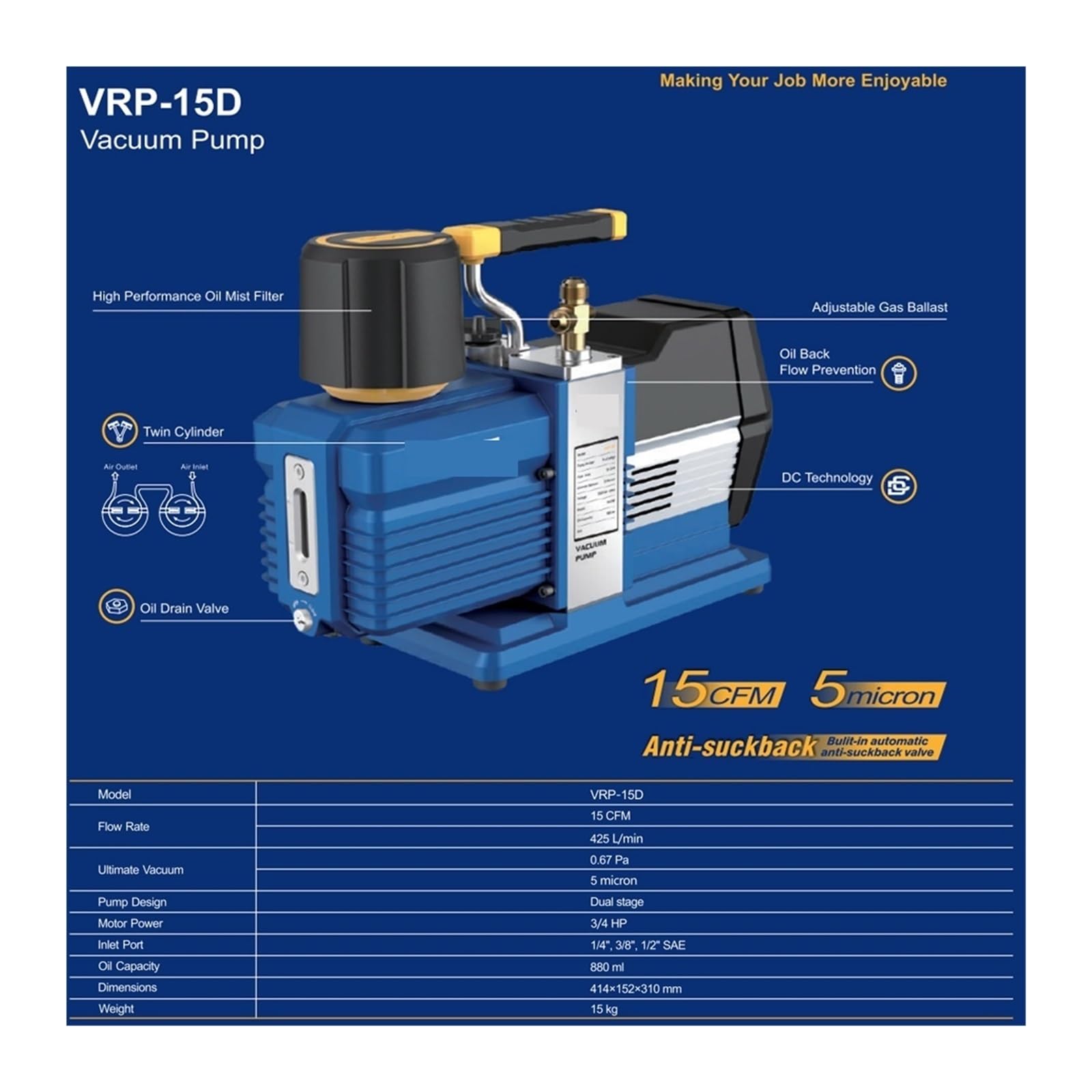 Vakuumpumpe HVAC VRP-15D Vakuumpumpe 15CFM 3/4 PS Klimaanlagenpumpe R32 Vakuumpumpe 2-stufiges Nachfüllset for automatische Klimaanlagen Außergewöhnliche Haltbarkeit und Stabilität
