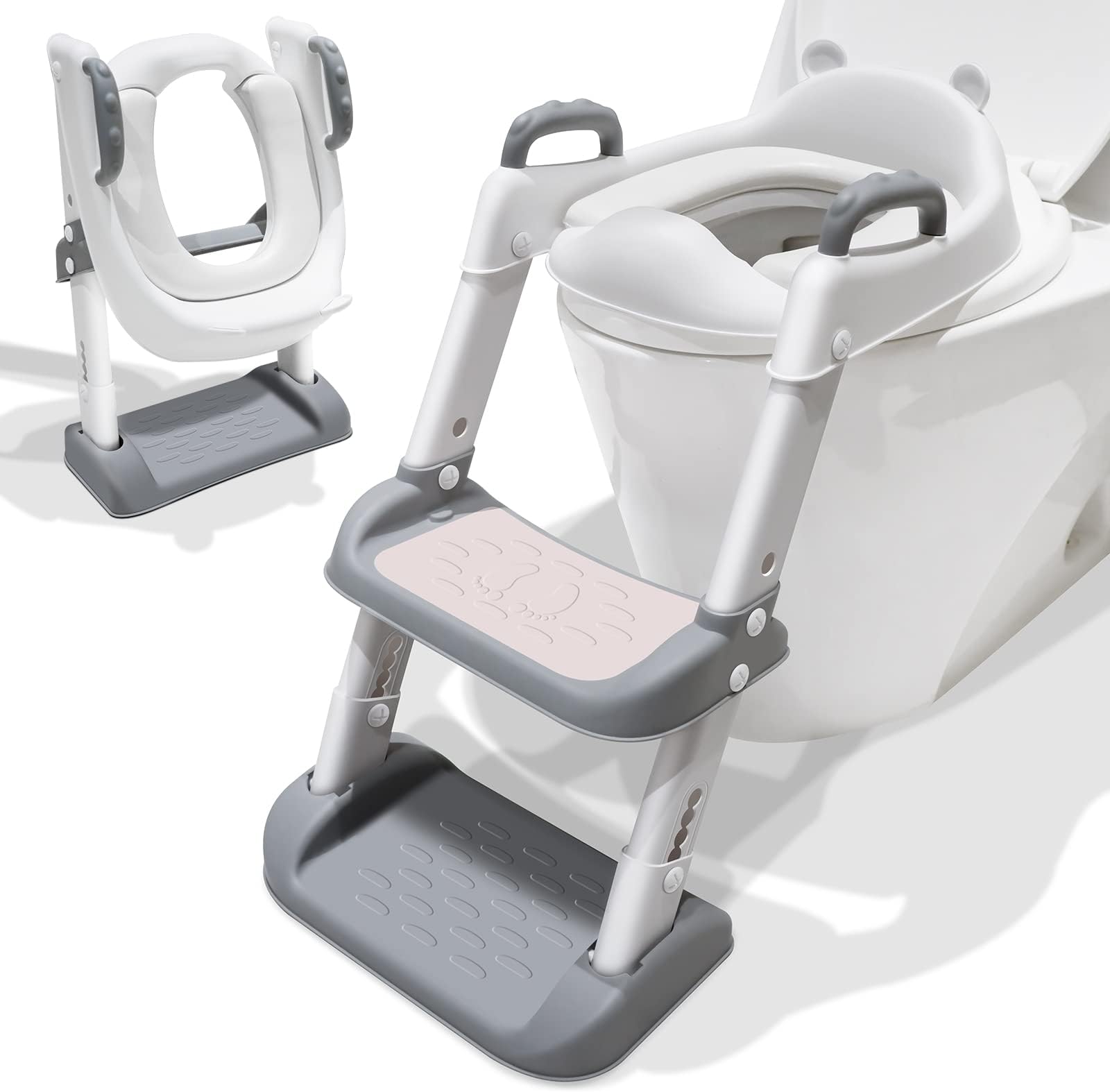 Toddler Toilet Seat Potty Training, Potty Training Toilet Seat with Step Anti Splash Soft Cushion Handle and Foldable for Kids Boys Child Toilet Training in Bathroom Grey and White