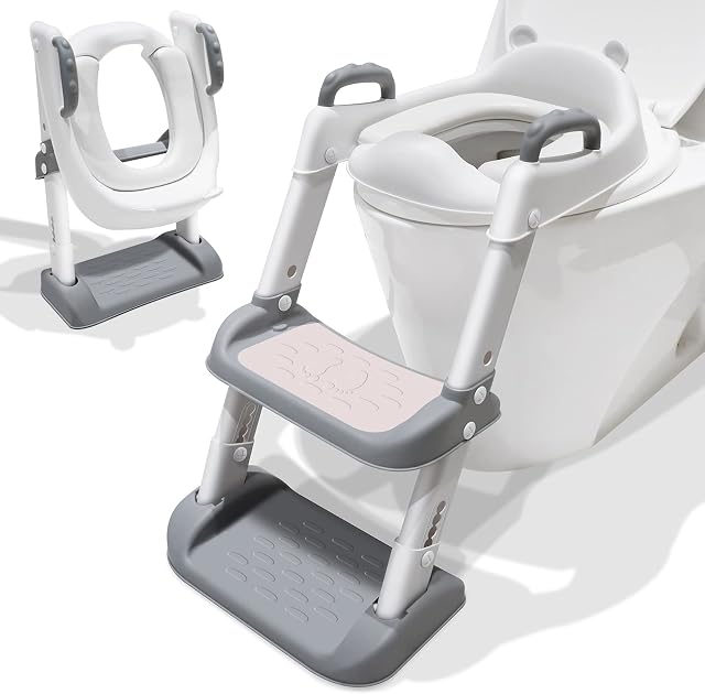 Toddler Toilet Seat Potty Training, Potty Training Toilet Seat with Step Anti Splash Soft Cushion Handle and Foldable for Kids Boys Child Toilet Training in Bathroom Travel Grey and White