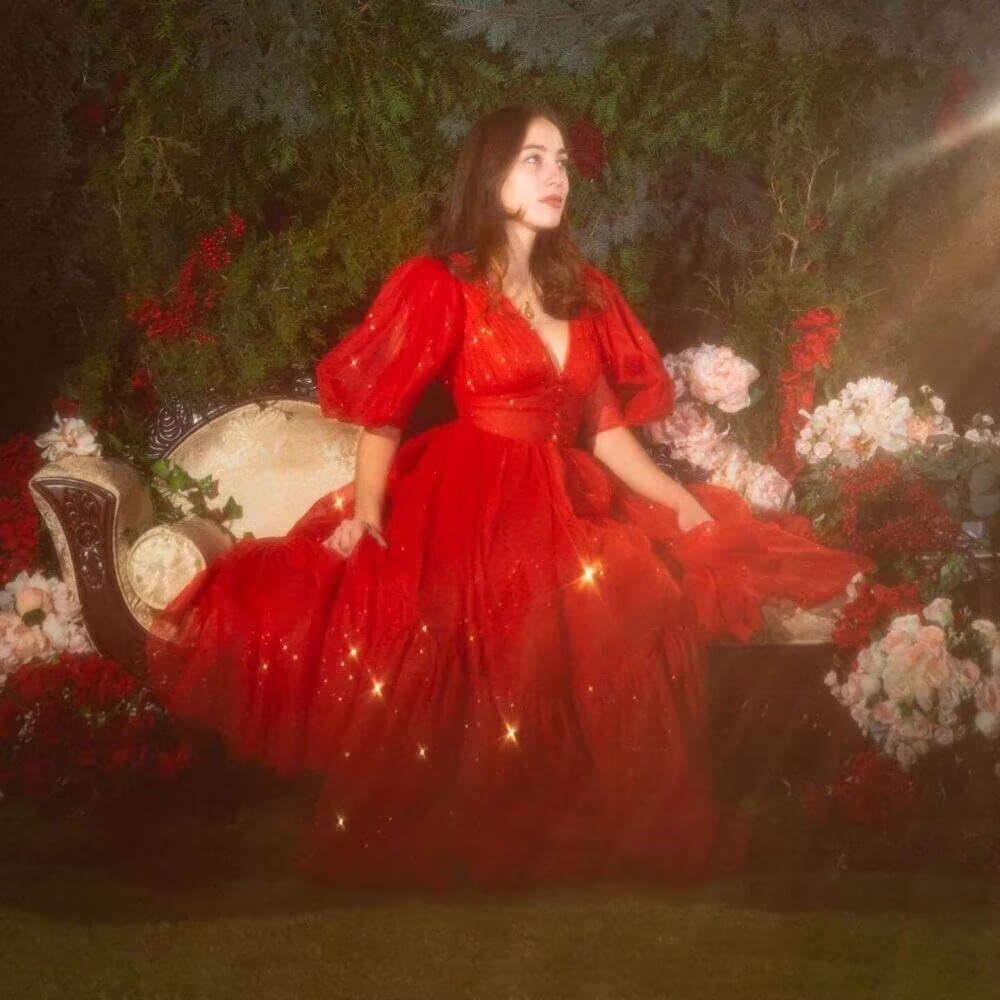 Women's Sparkle Starry Tulle Prom Dresses Puffy Sleeve Evening Gowns Long Slit Formal Party Dress with Pockets - Image 5