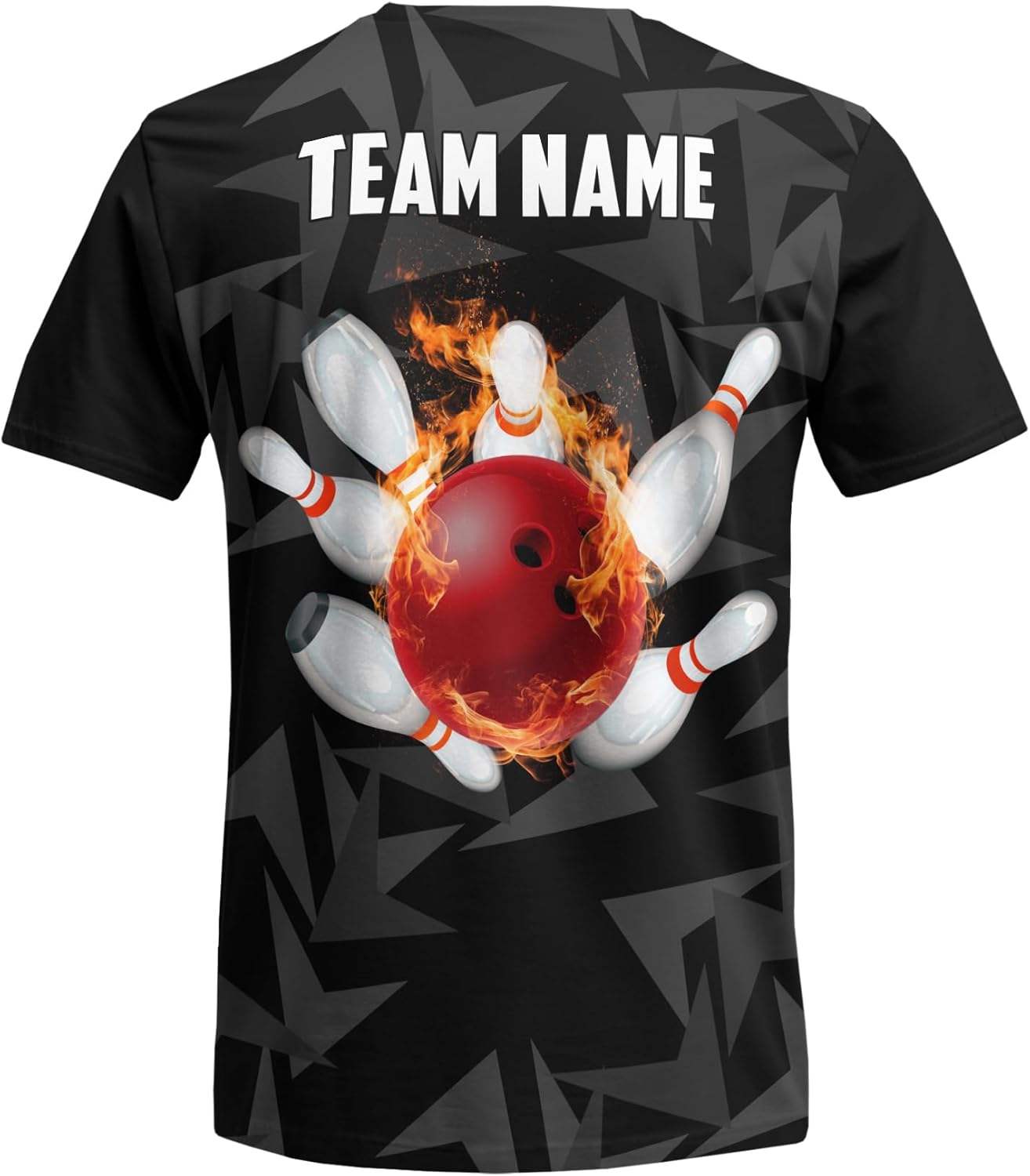 Customize Bowling Summer Tshirt Print Tee Shirt with Orange Bowling Ball Flame and Geometric Pattern Graphic On it for Bowler