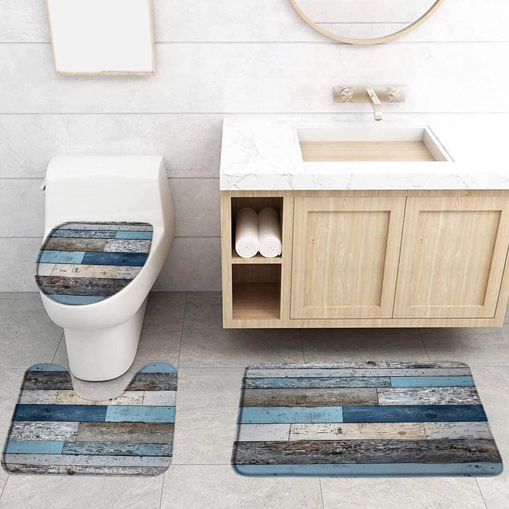 3 Pcs Rustic Wooden Bath Mat Blue Teal Vintage Barn Door Country Western Farmhouse Imitation Board Bath Door Microfiber Memory Foam Rug with Toilet Lid U-Shaped Cover 18x30 Inch