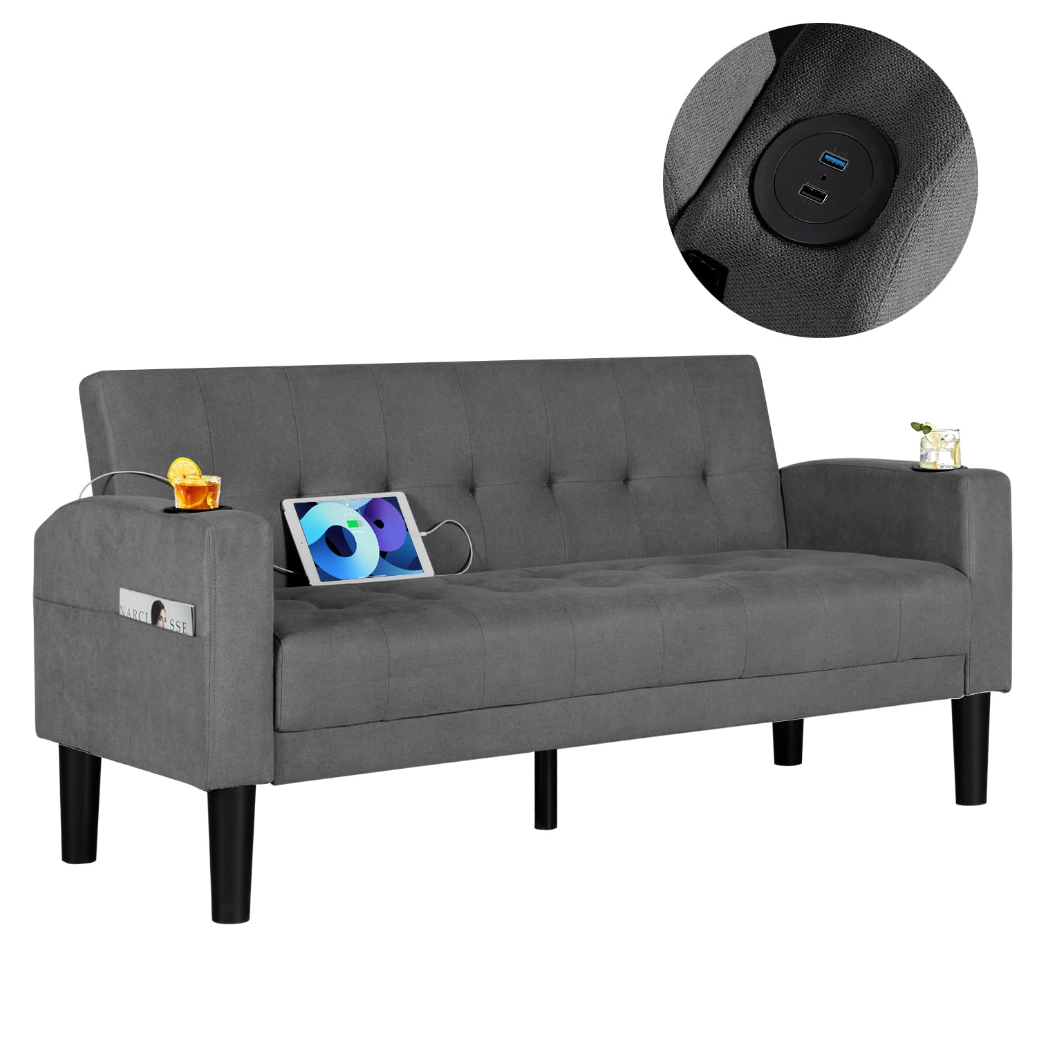 AILEEKISS 62" Loveseat Couches Upholstered Fabric Linen Love Seat Sofas Couch with 2 USB, Cup Holders, Side Pocket, Modern Tufted Sofa for Living Room