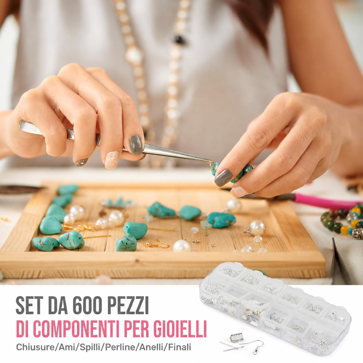 Hi-Spec set da 17 pezzi di strumenti per creazione di gioielli e set di accessori da 600 pezzi. Pinze e fili per bracciali, collane, orecchini fatti a mano, arti e mestieri