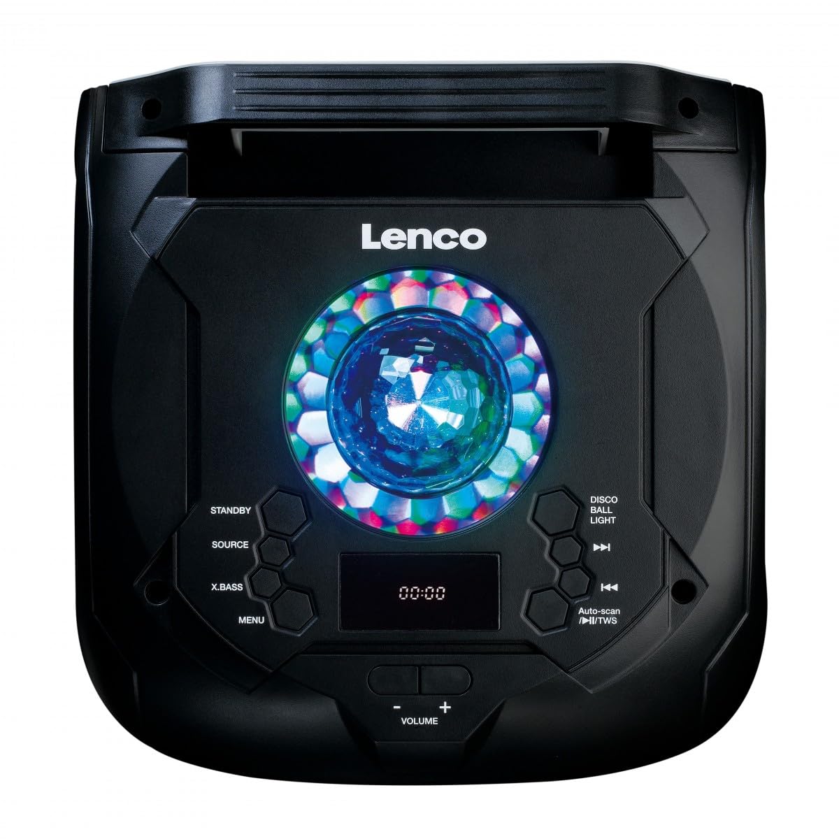 Lenco PA-101BK Altavoz Bluetooth Party Speaker – Altavoz Music Box – Caja portátil 100 W RMS, luz de Discoteca, reproducción USB – Negro