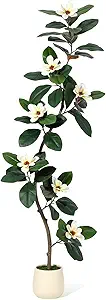 GAOMON 6FT Artificial Fiddle Leaf Fig Tree with Magnolia Flowers, Faux Plants with White Planter Pot, Faux Floor Plant, Indoor and Outdoor Rubber Tree for Home Office Decor