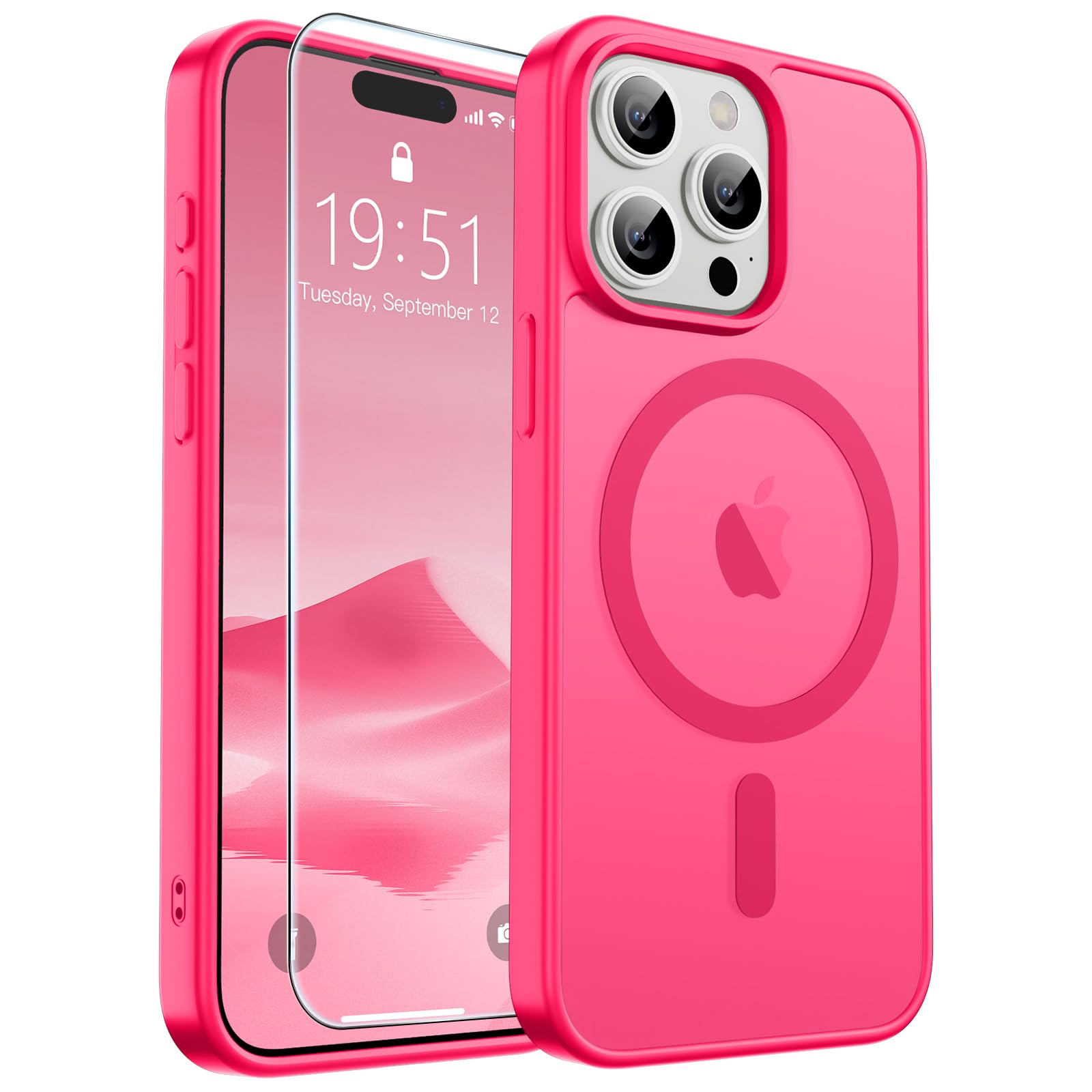 SUPFINE Magnetic for iPhone 15 Pro Case Hot Pink | With Screen Protector, Translucent Matte, Compatible with MagSafe, Military Grade Drop Proof, Rugged Shockproof Protective