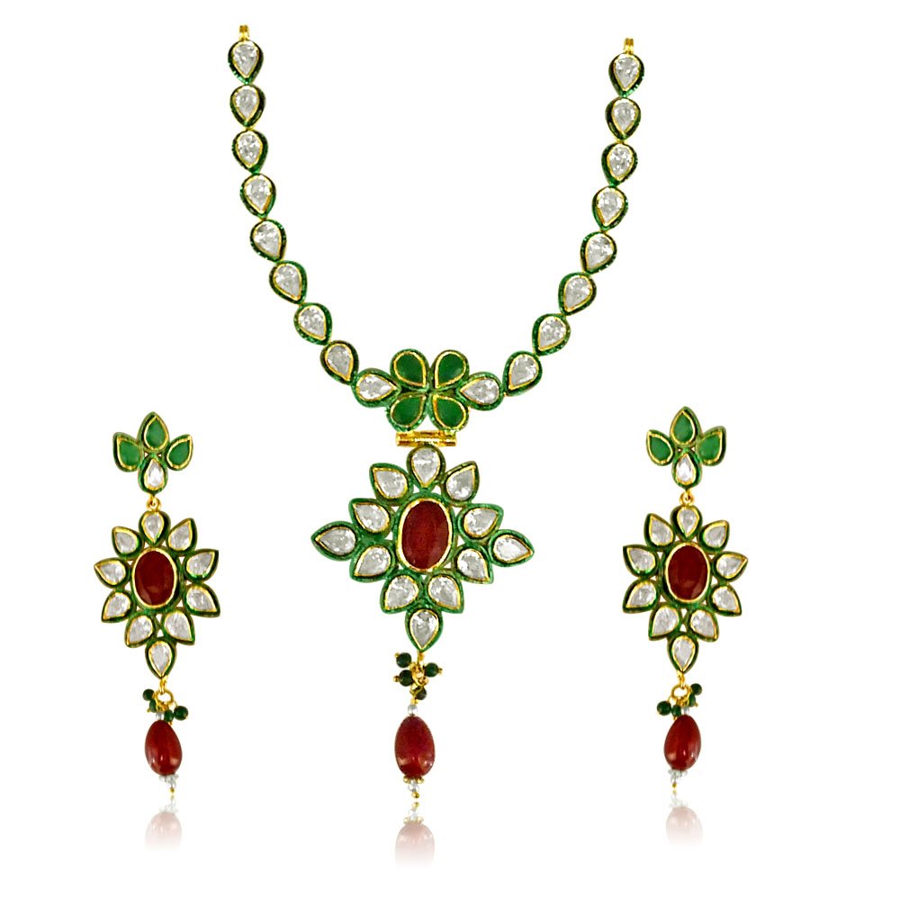 SURATDIAMONDGold-Plated Multi-Colour Floral Jodha Akbar Necklace Set For Women (Sjk141)