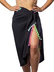 Canga de Praia Em Viscolinho Preta com pompom Colorido Pareô Saída de Praia Viscose