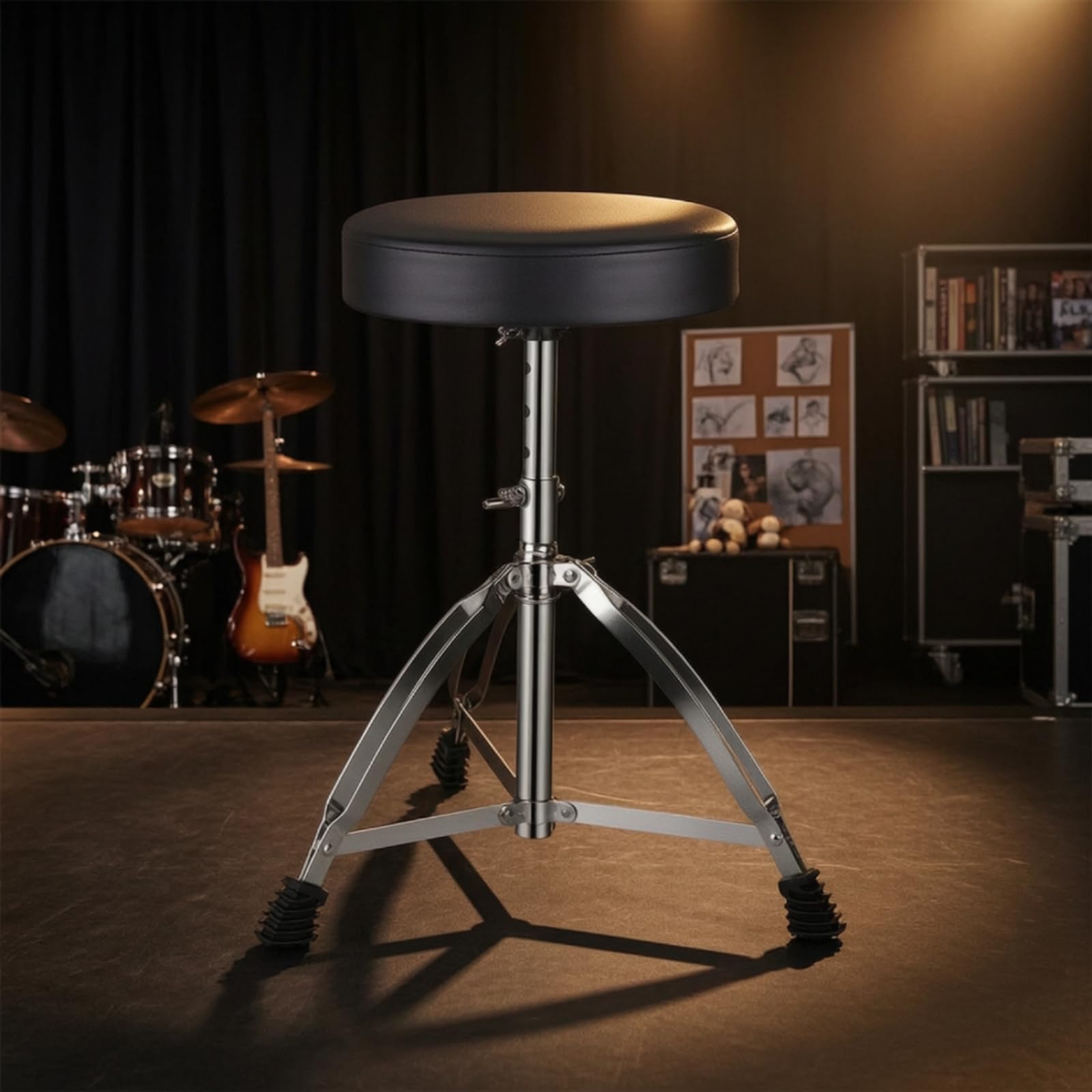 Sgabello Batteria Regolabile Sedia Tamburo Panchetto Musicista Sedile Rotondo Imbottito in Similpelle con Colonna in Metallo E Base Treppiede Stabile Adatto Concerti Studio Domestico