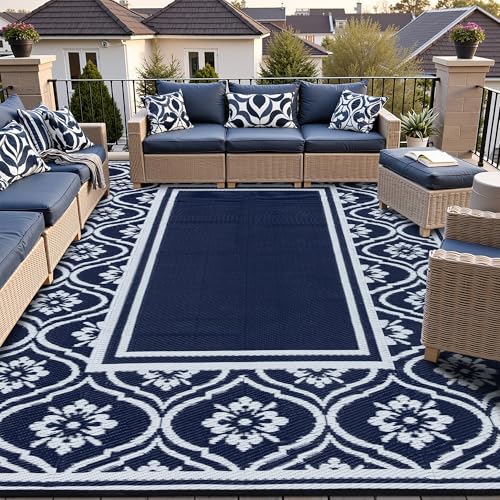 Outdoor Teppich Wetterfest,Wendbarer Balkon Camping Teppich 180x270cm Blau Leichtgewicht Picknickdecke Kunststoff Terrasse Matte UV-beständige Wasser