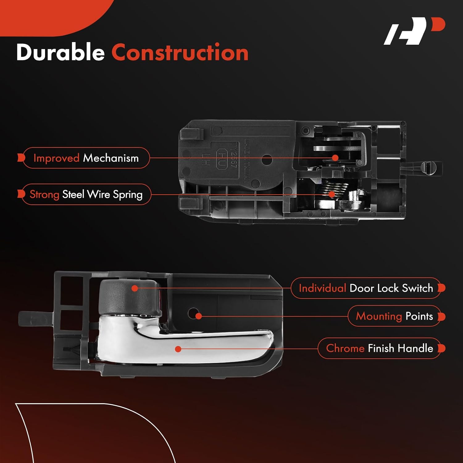 A-Premium Front or Rear Driver Side Interior Door Handle Compatible with Toyota Corolla 2003-2008, Tacoma 2005-2015, Matrix 2003-2008 & Scion tC, xA & Pontiac Vibe, Chrome Lever and Gray Lock Knob