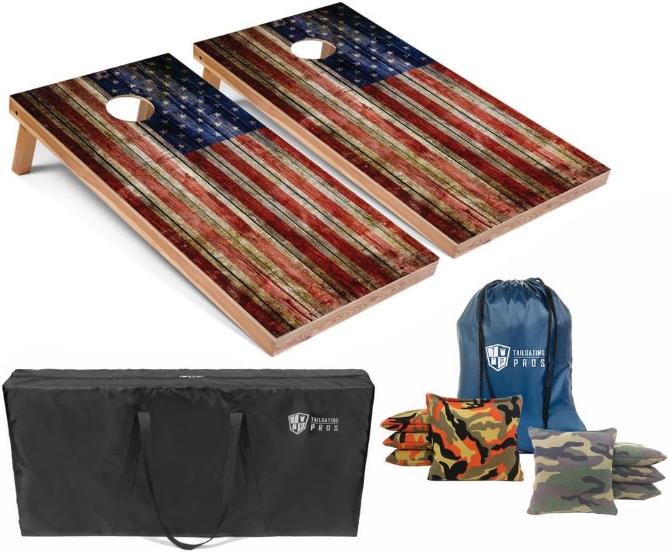 Tailgating Pros American Flag Wooden Plank Design Cornhole Board Set w/Bean Bags and Carrying Case - 4'x2' Corn Hole Toss Game
