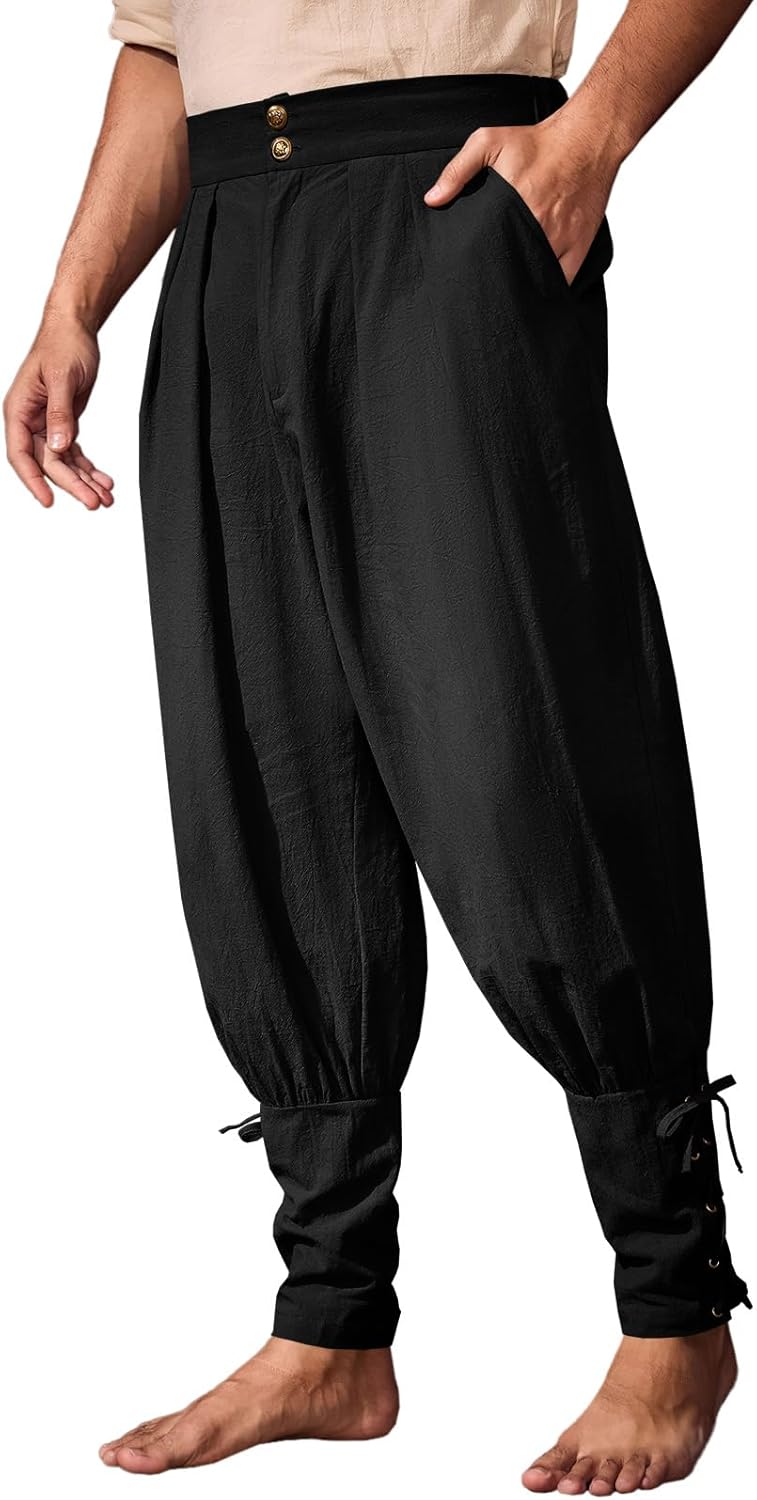 Runcati Mens Medieval Ankle Pants Renaissance Viking Pirate Pants Lace Up Cotton Tapered Halloween Costume Trousers