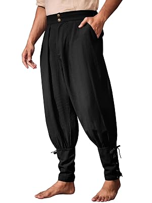 Runcati Mens Medieval Ankle Pants Renaissance Viking Pirate Pants Lace Up Cotton Tapered Halloween Costume Trousers