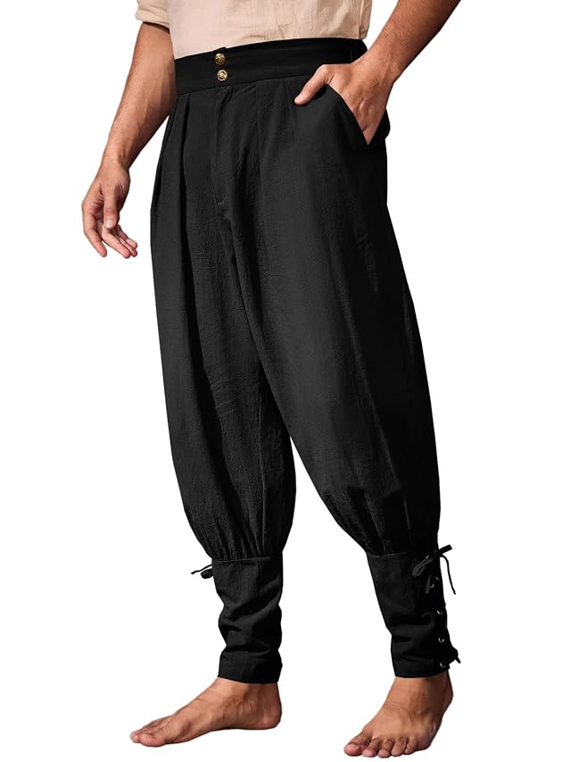 Runcati Mens Medieval Ankle Pants Renaissance Viking Pirate Pants Lace Up Cotton Tapered Halloween Costume Trousers