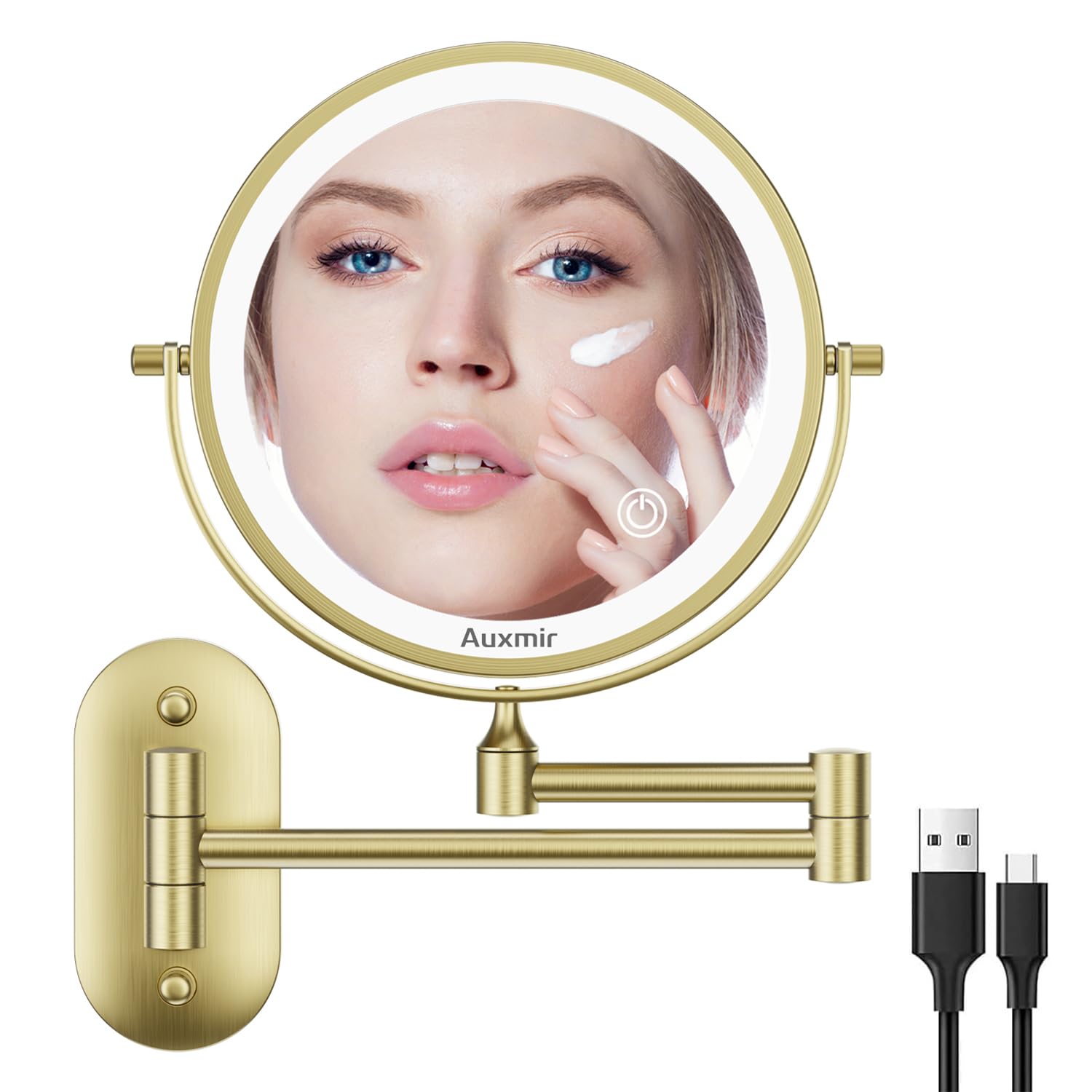 Auxmir Espejo Maquillaje con Luz Recargable, Aumento 1X/10X Doble Cara Giratorio 360, Espejo Baño Pared Extensible Táctil con USB, 3 Colores Brillo Regulable, para Hotel, Dorado