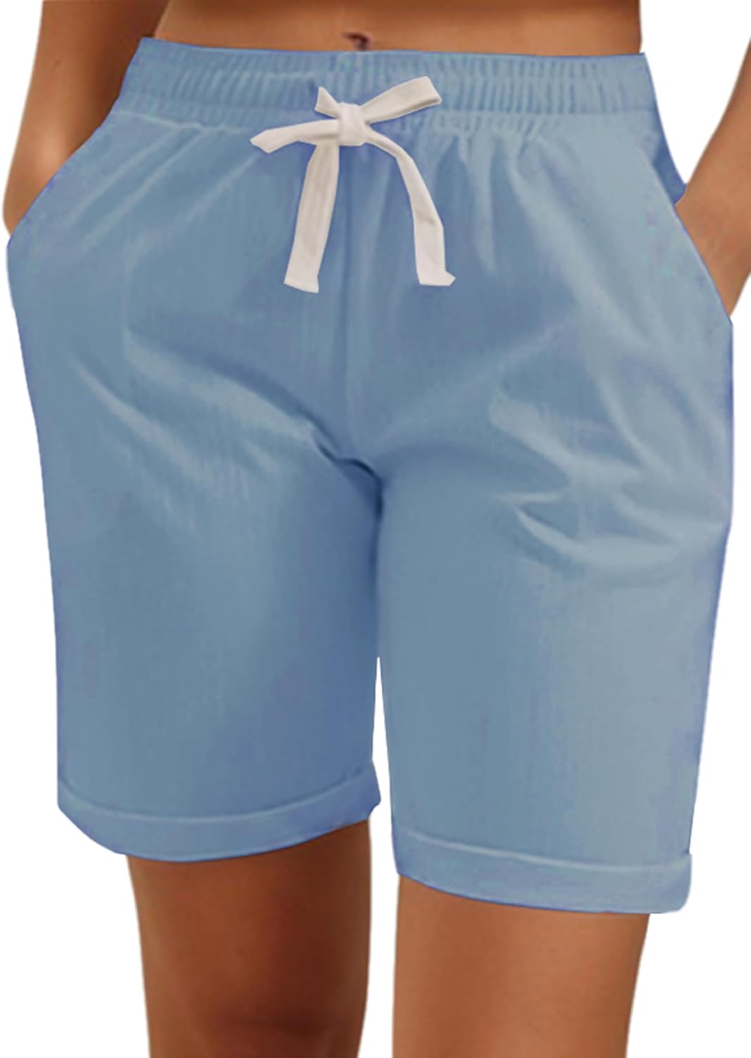 XinYangNi Women’s Casual Summer Cotton Drawstring Elastic Waist Knee Length Bermuda Hiking Comfy Beach Shorts