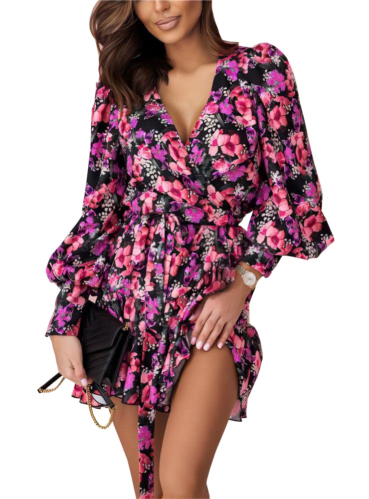 Photo 1 of ***UKNOWN SIZE***
Wihion Women Summer Floral Mini Dress Long Sleeve V Neck Purple