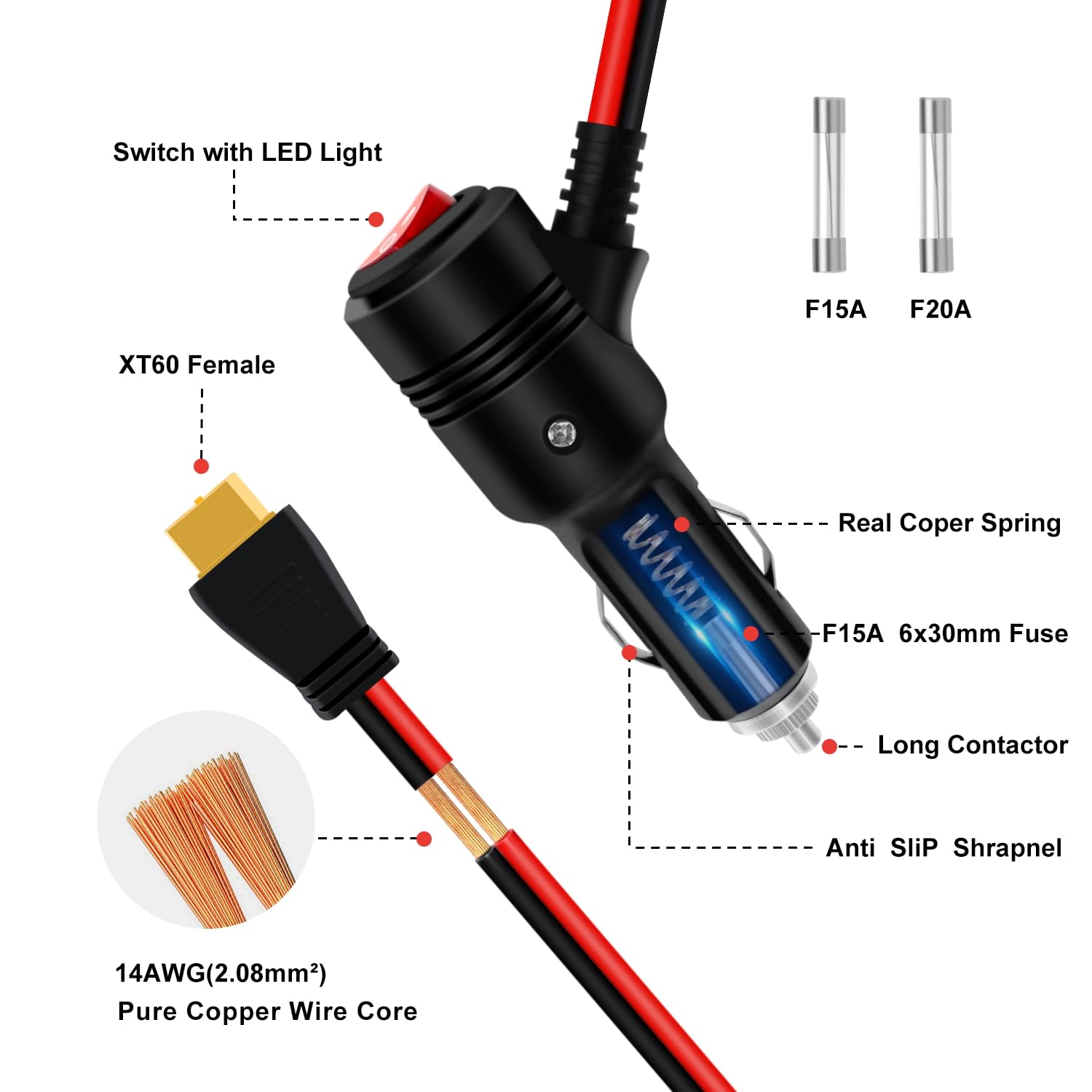 Cavo Accendisigari Maschio A XT60 Femmina, 1,5 M, 16AWG, 12V-24V Con Fusibile 15A E LED, Per Auto E Power Station