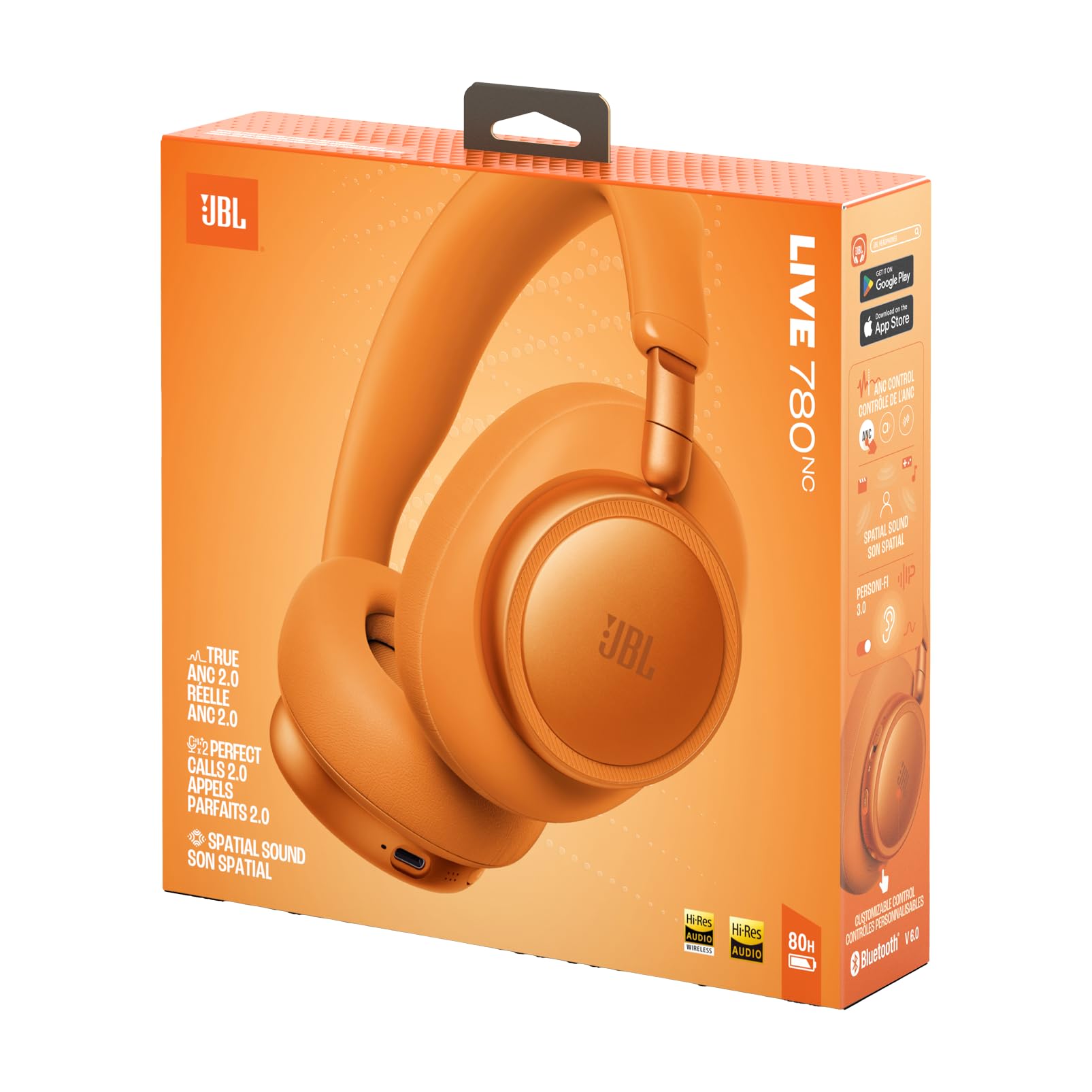 JBL Live 780NC Casque Circum-Auriculaire sans Fil à Réduction de Bruit Adaptative, Son Spatial, Commande Vocale et JBL Pure Bass, Orange