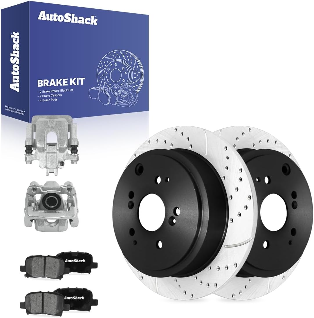 AutoShack Rear Brake Rotors, Ceramic Pads & Calipers for Honda & Acura, Pilot 2003-2008 MDX 2001-2006, AWD FWD V6 3.5L - E-Coated Drilled & Slotted - ShadowGuard - 12.33" (313.1 mm), 5-Lug