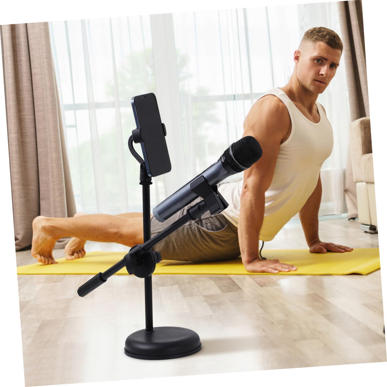 SOLUSTRE Verstellbarer Tischmikrofonständer Drehbar und Platzsparend aus Kunststoff mit Handyhalter und U-förmiger Mikrofonklammer für Desktop und Broadcast