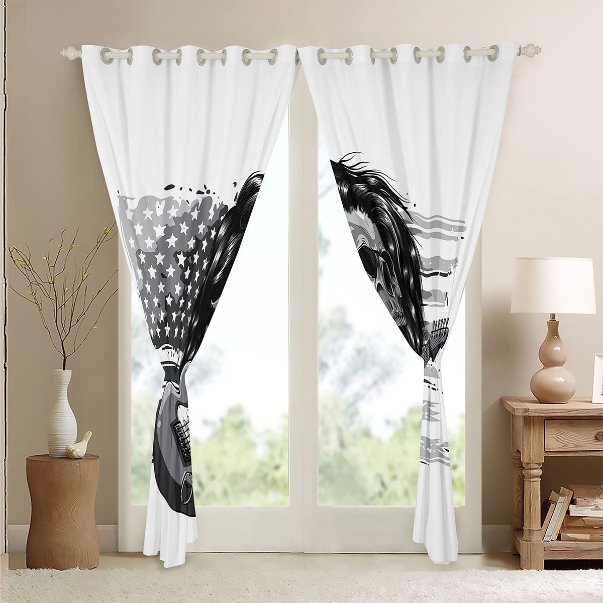 Tenda per chitarra per bambini per camera da letto Soggiorno Rock Musica Tenda finestra Bandiera americana Musicale Blackout Tenda (30-50%) Grigio Bianco Finestra Tende W66* L72