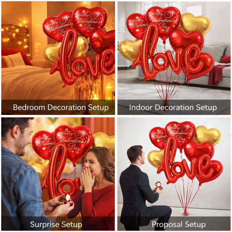 Image of AMFIN (Pack of 7) Happy Valentine Day Foil Balloon Bouquet Love Cursive Heart Romantic Decoration Item - Red Gold