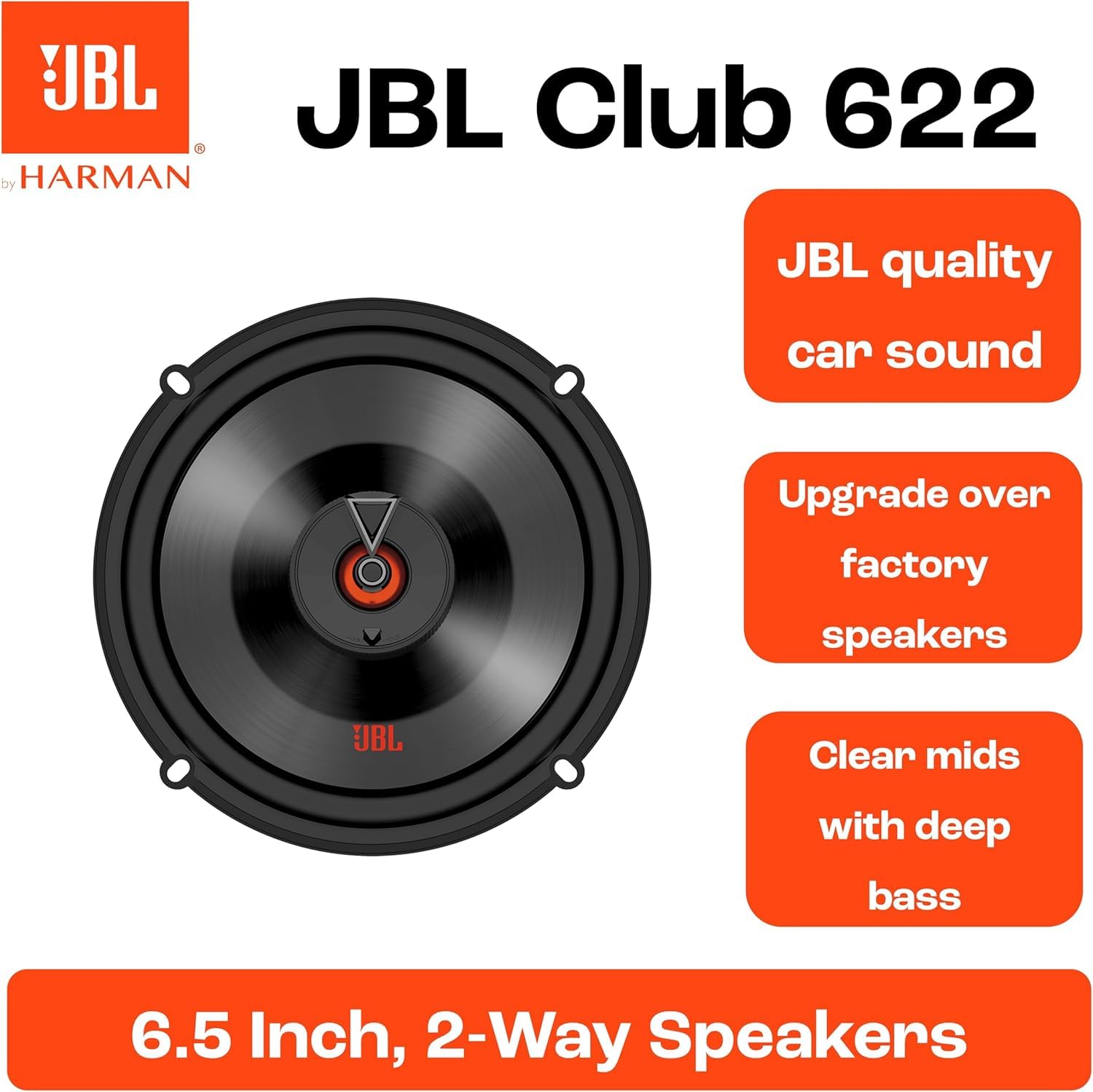 JBL Club 622 60W 2-Way Coaxial Speaker 2-Piece Set, 6.5-Inch Size