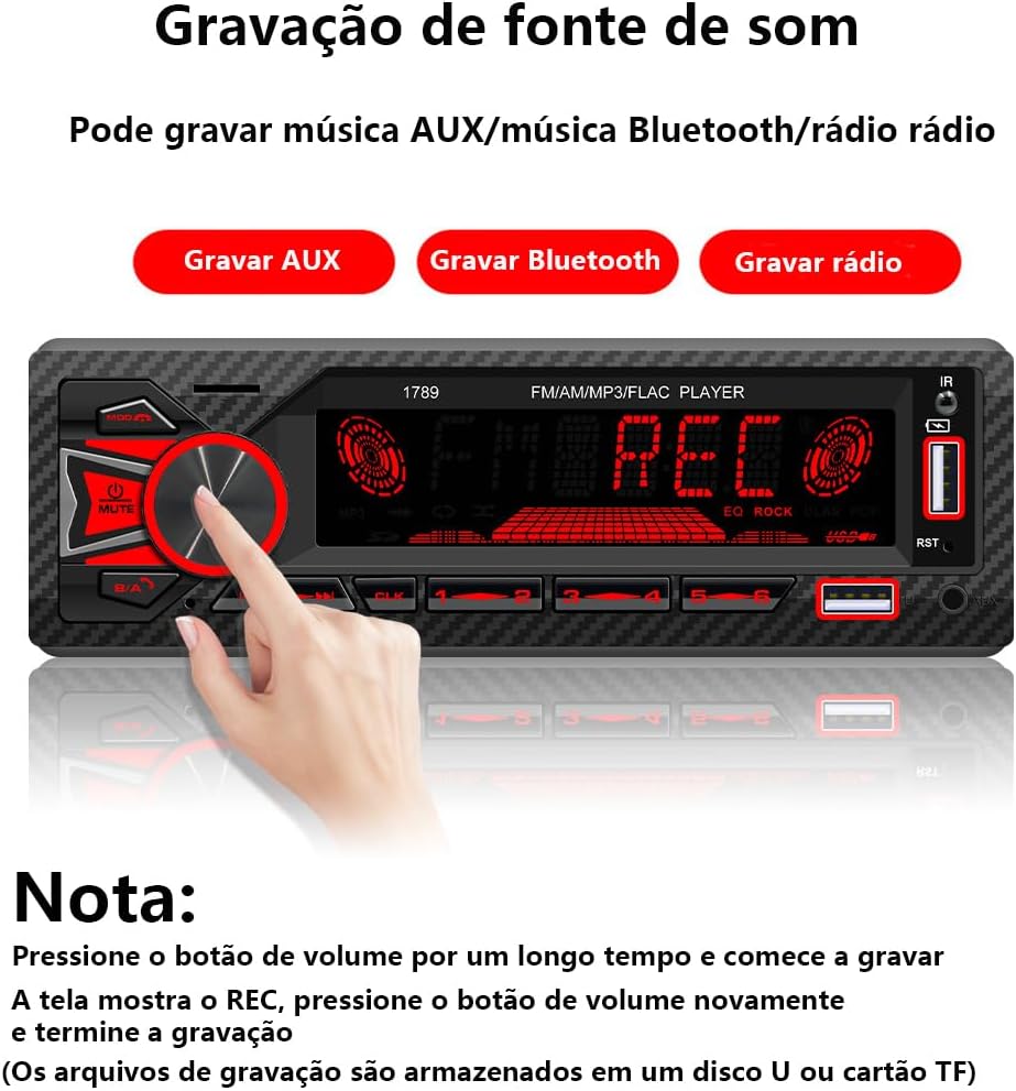 Som Automotivo, Bluetooth, MP3, USB, FM, Micro SD, Painel LED 7 Cores, Controle Remoto