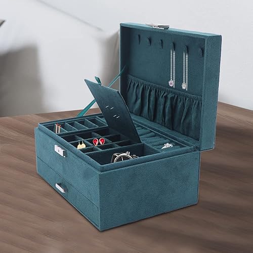 Miniatura 5 de Caja organizadora de joyas para mujer, 3 capas de gran capacidad, cajas de joyería de terciopelo verde con cerradura para anillos, collares, aretes,