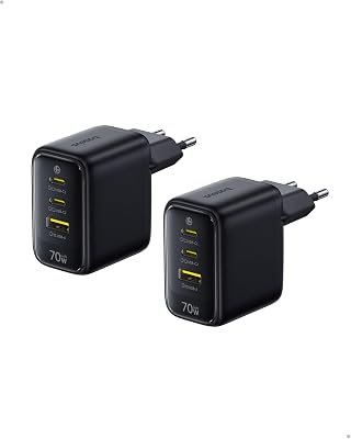 Baseus Enerfill - Caricatore USB C da 70 W, confezione da 2 caricabatterie rapido GaN6 a 3 porte, alimentatore compatto per MacBook Air, iPhone 17/16/15 Pro Max, iPad Pro, Galaxy S25/S24, Pixel