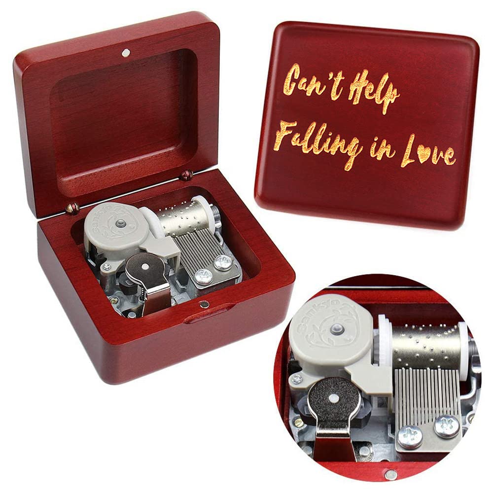Sinzyo Music Box Vintage Wood Carved Mechanism Musical Boxs Gift For Birthday Valentine's Day Christmas Day(Can't Help Falling in Love-Wine red Wood Box-Wine Red Box)