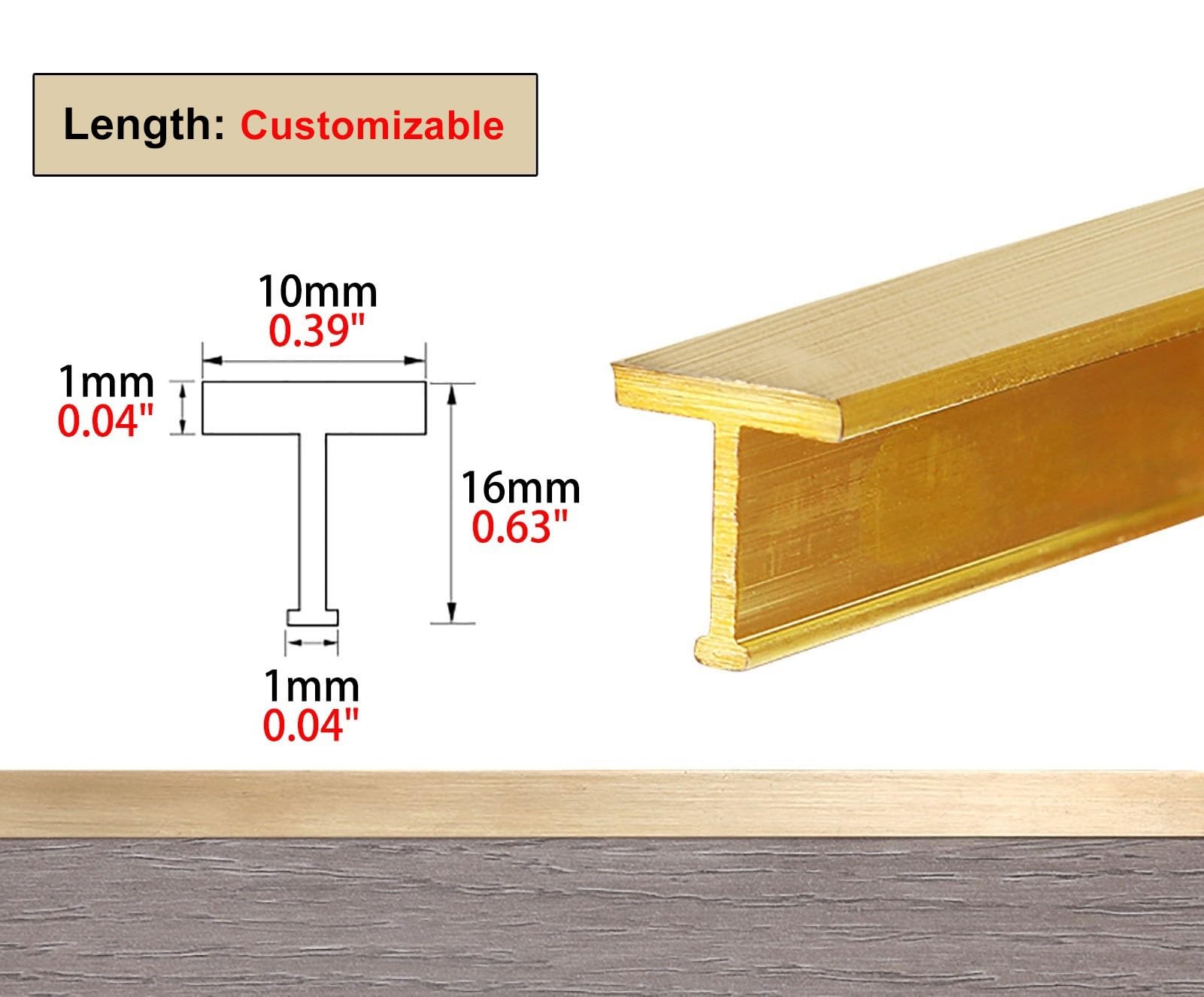 Barre de Seuil Profilé Transition Laiton Massif Brossé, Disponible 100 120 130 140 150 160cm, Joint-joint Mince Parquet Carrelage, Moulure T Encadrement Porte Mur(L100cm/40",10x16mm(0.39x0.63"))