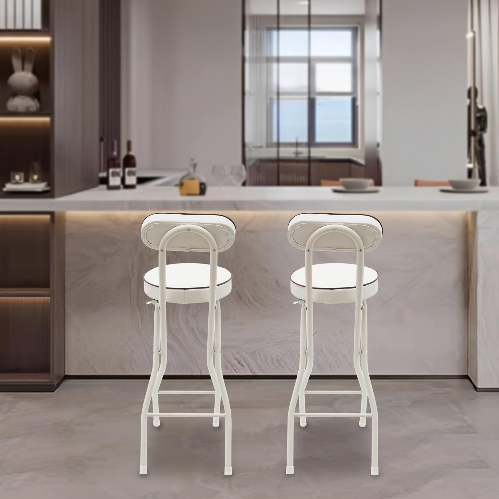 Set di 2 sgabelli da bar pieghevoli imbottiti con schienale, 65 cm, seggiolone per cucina, ufficio, sala da pranzo, soggiorno, bancone, campeggio (bianco)