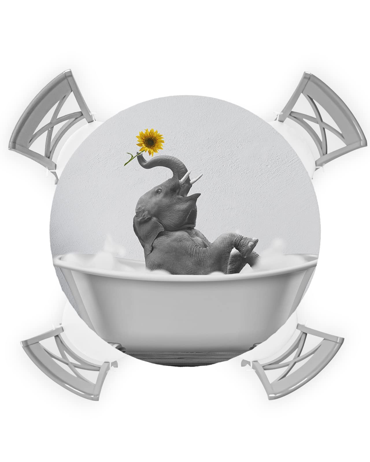 Round Fitted Tablecloth, Funny Animal Elephant with Sunflower in Bathtub Elastic Edge Tablecloth Waterproof Wipeable Table Cover for Dinning Fits Tables Up to 45" - 54"