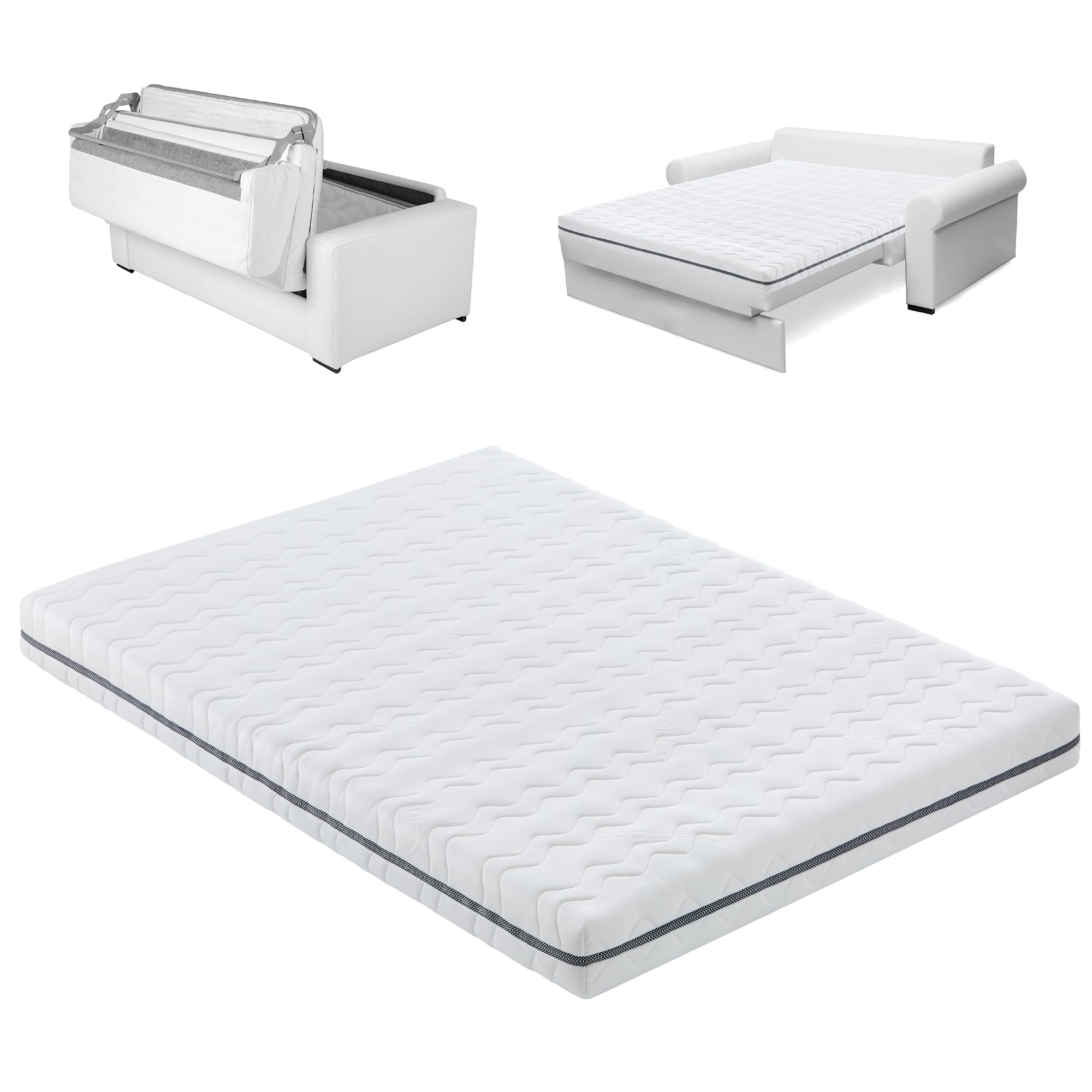 Materasso doppio per Divano Letto 140x180 cm, Antibatterico e Antimuffa, Rivestimento con Cerniera, Lavabile e Traspirante, Anima Indeformabile, Bianco.