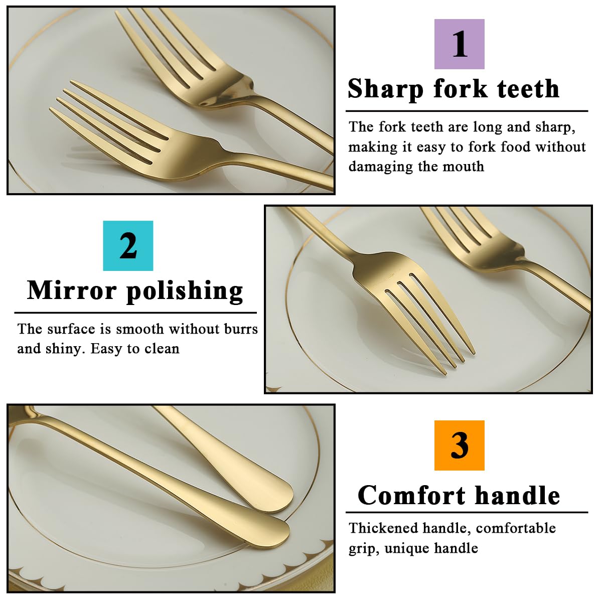 Forchette da tavola Gold 24 pezzi, forchette da tavolo in acciaio inossidabile con placcatura in oro in titanio per casa, ristorante, matrimoni, feste, eventi