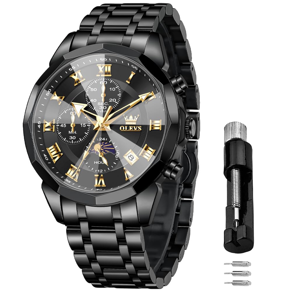 OLEVS Männer Uhr Quarz Luxus Business Uhren Multifunktion Chronograph Mondphase wasserdicht Leuchtend Edelstahl Armbanduhr