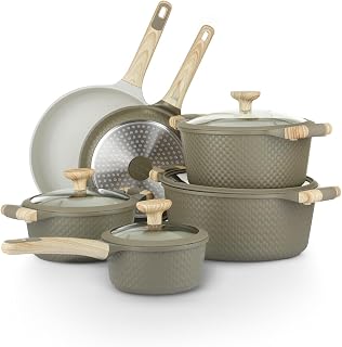 Bambù 10Pcs Cookware set, Die-cast Aluminum pots and pans, Nonstick frying pans and casseroles, Induction safe, PFOA-free (Green and Cream, 10 pcs)