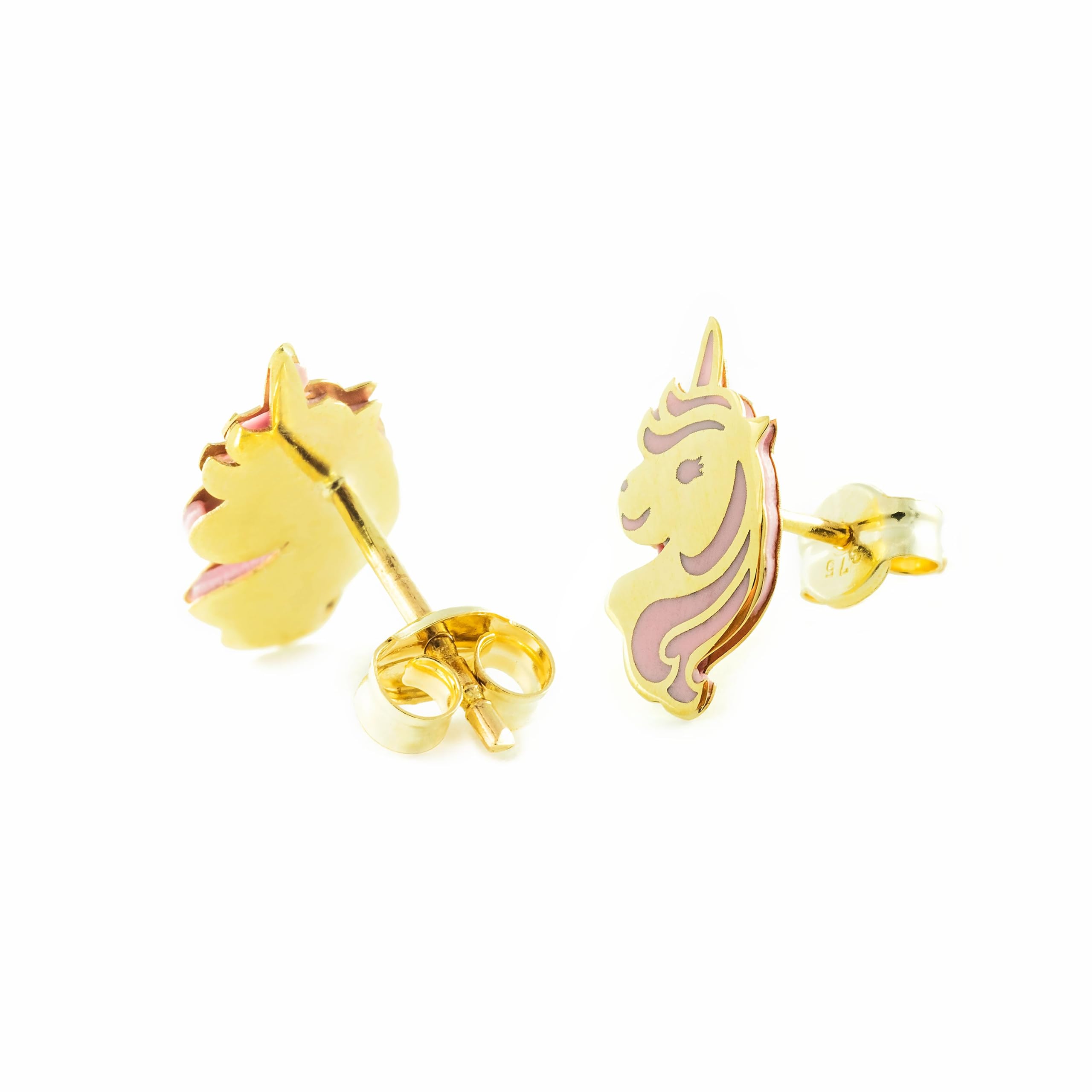 Mondepetit - Rosa Emaille Einhorn Kinder Mädchen Ohrringe Gelbgold 9K - Geschenkbox - Garantiezertifikat