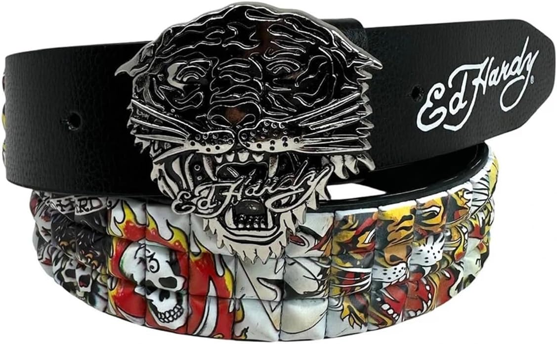 ED HARDY Men's 38mm Tiger Print Pyramid Studs with Metal Buckle Belt