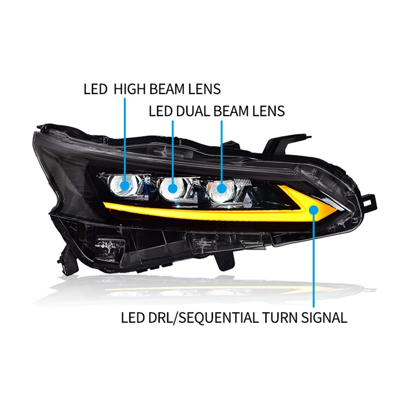 Headlight Assembly Compatible With Nissan Teana 2018-2021 LED DRL LED Dual Beam Lens LED Sequential Turn Signal LED High Beam Lens